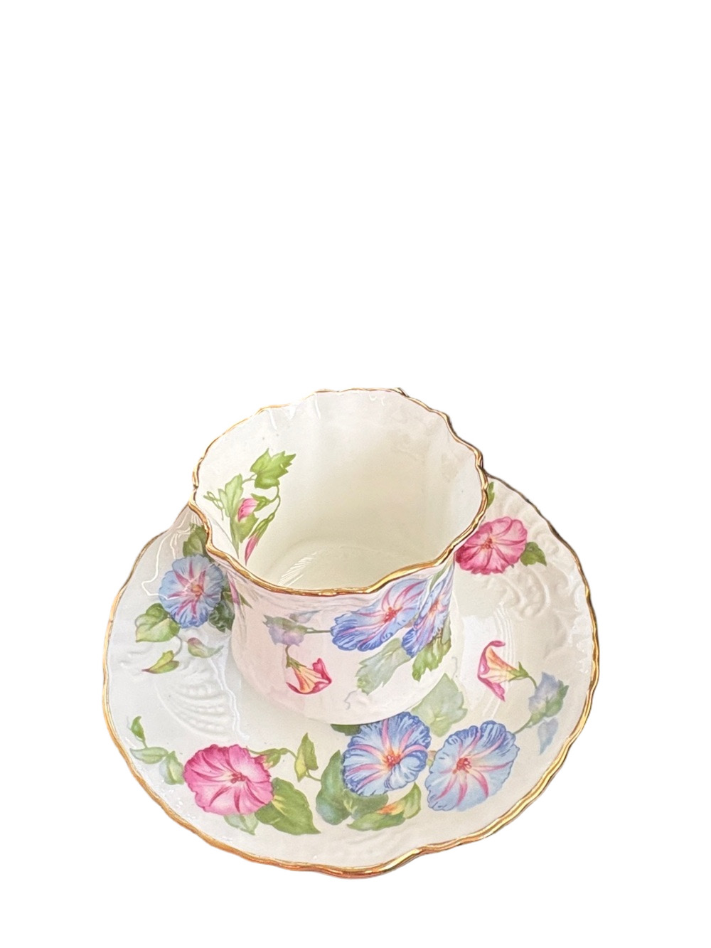 Vintage Floral Porcelain Teacup and Saucer Set with Gold Trim Morning Glory